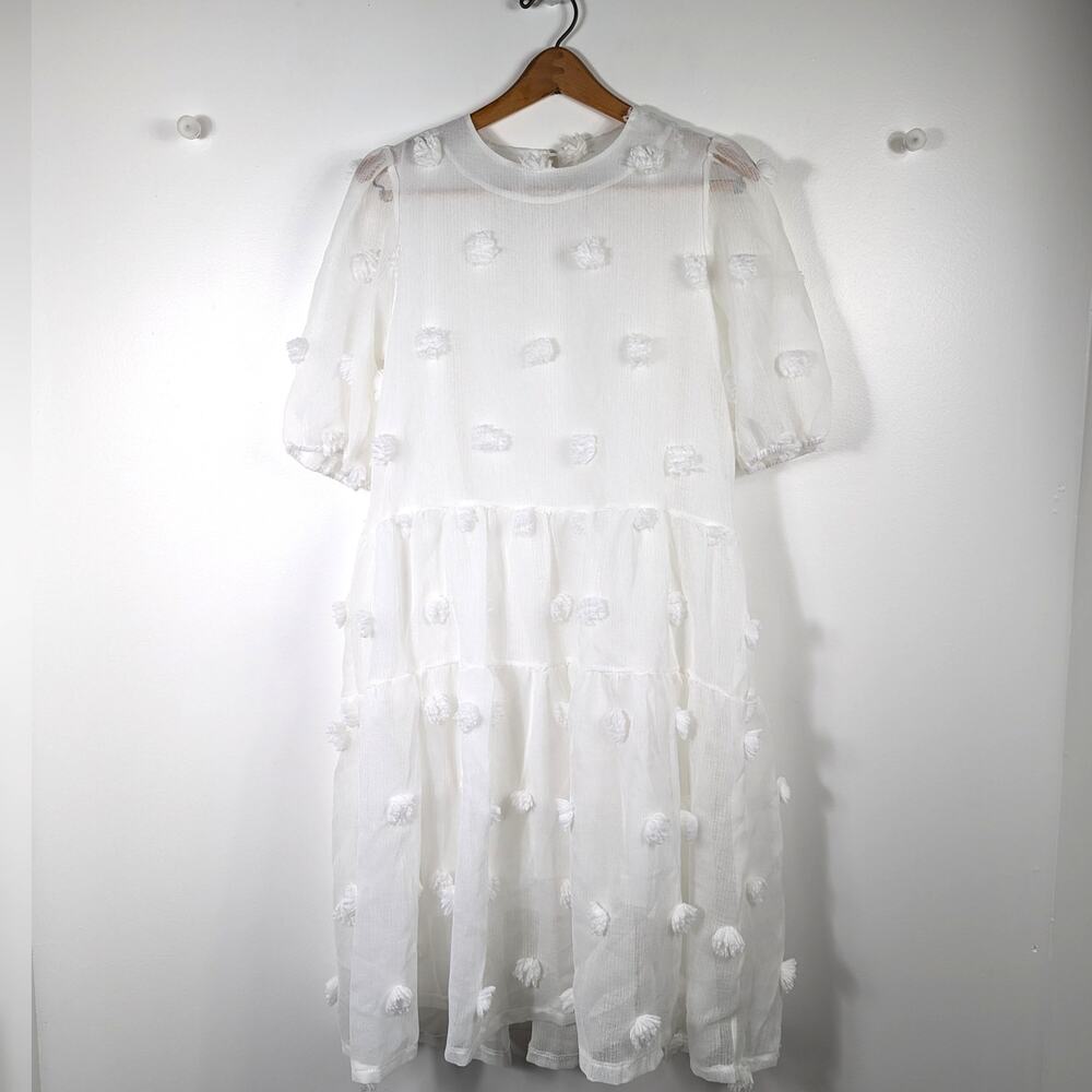 Vita Grace Dress Size Small White Sheer Pom Pom Bubble